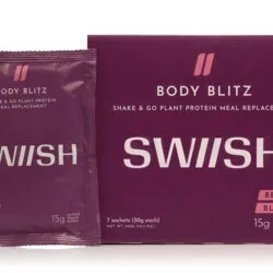 Box of SWIISH Body Blitz Berry Blast Meal Replacement shake with sachet beside box