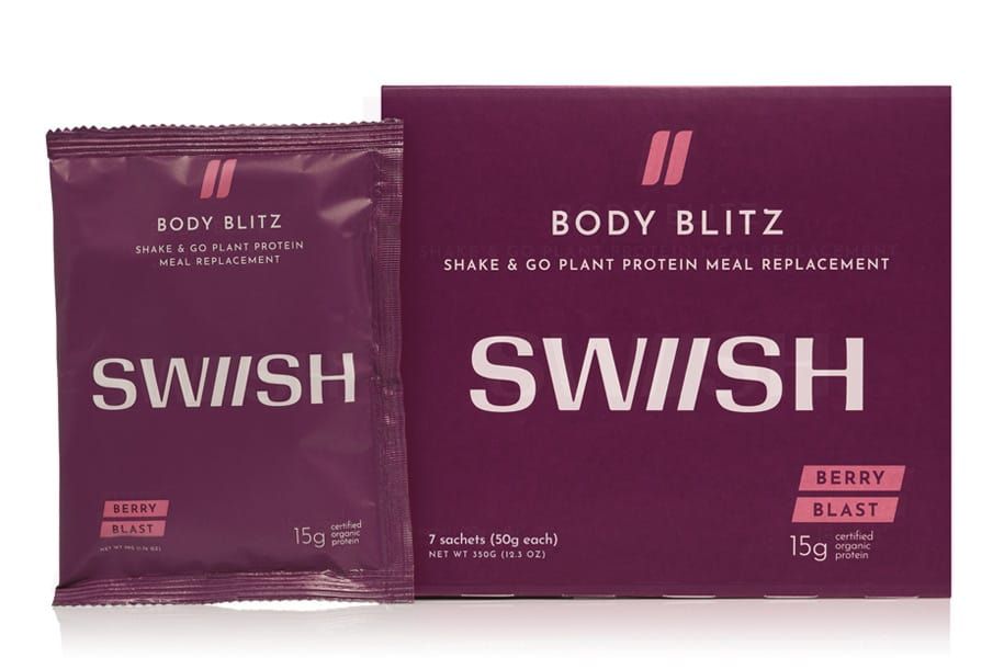 Box of SWIISH Body Blitz Berry Blast Meal Replacement shake with sachet beside box