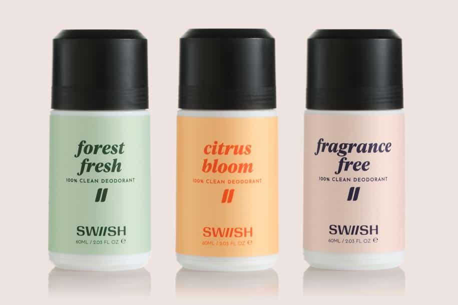 Row of SWIISH natural deodorants in scents Forest Fresh, Citrus Bloom and Fragrance-Free